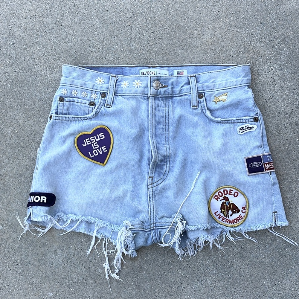 Redone Denim Shorts Classic Embellished Rigid Waist Size 25